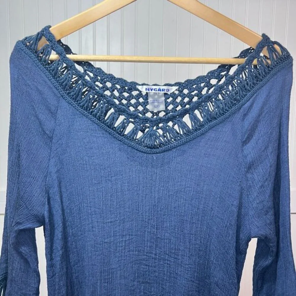 NYGARD Blouse Navy Crochet Hippie Indie Fairy Whimsy Festival V-Neck Fringe L - Picture 4 of 7
